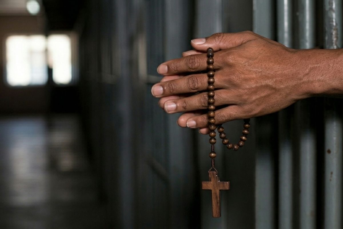 Manos sosteniendo un rosario a través de las rejas, símbolo de fe y esperanza en la prisión de Bata